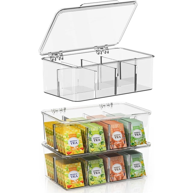 Kichly 3 Pack Tea Bag Organizer - Stackable Acrylic Tea Bag Organizer with Clear Plastic Storage for Kitchen & Pantry, Perfect for Coffee Packets, Sugar, Snacks, Herbs, and Spices (Clear)