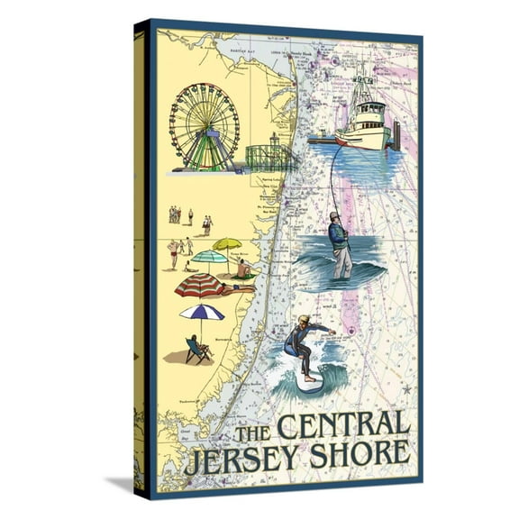 Art.com Central Jersey Shore - Nautical Chart Stretched Canvas Print Wall Art by Lantern Press, 12" x 18"