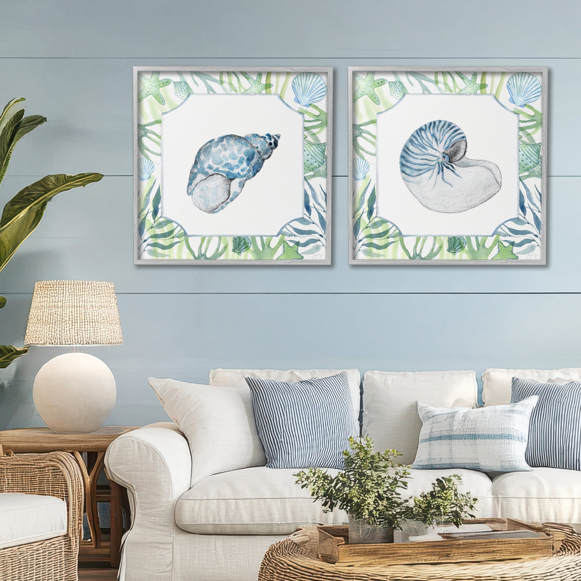 Stupell Industries Seaweed Bordered Seashells 2 Piece Gray Framed Giclee Art Set, design by Janet Tava