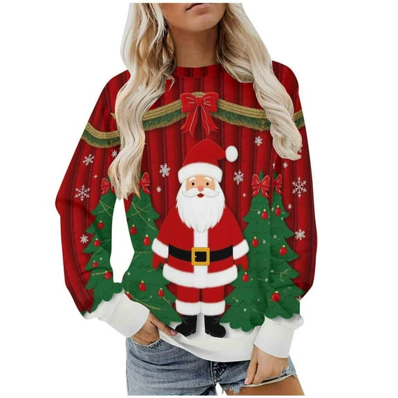 Oversized Cute Christmas Sweatshirt for Women Fleece Lined Pullover with Santa or Xmas Print Long Sleeve Crewneck Knit Holiday Top Novelty Funny Festive Sweater for Cozy Seasonal Wear