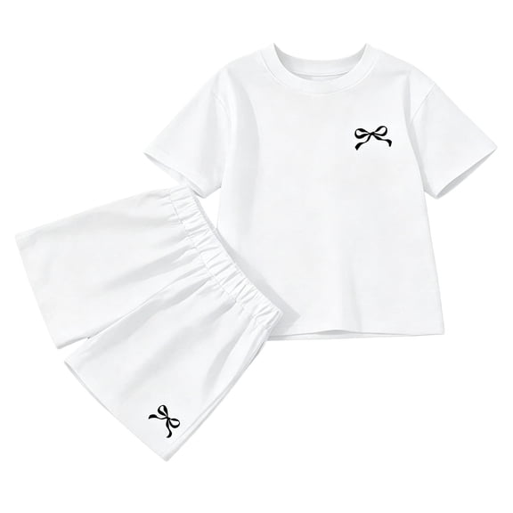 JIAYUE Girls Summer 2 Piece Outfit Sets Short Sleeve Round Neck Bow Embroidery Oversized Top And Elastic Waist Shorts Cozy Versatile Clothing Set For Kids 2-14 Years Old