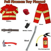 8Pcs Red Kids Fireman Costume Dress-up Set Pretend Role Play Firefighter Realistic Outfit Kit Gift Toys for Boys 3-6 Years Toddler Birthday Christmas Present