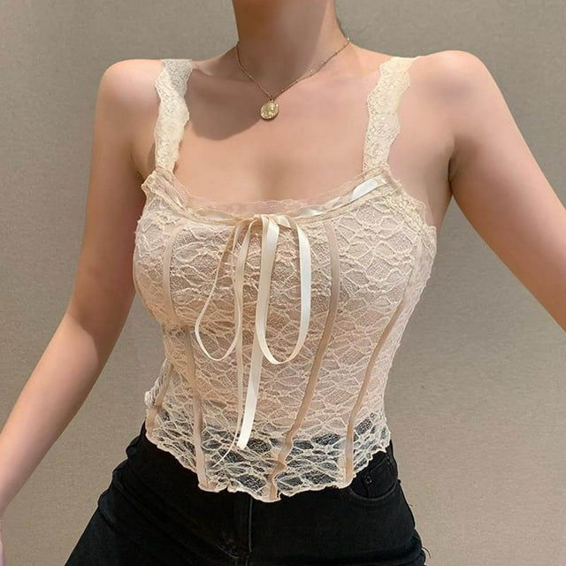 LSLJS Débardeurs à Bretelles Spaghetti pour Femmes Mode Femmes Débardeurs à Col Rond Ajouré Gilet Dames Coupe Ajustée Court Tops Unis