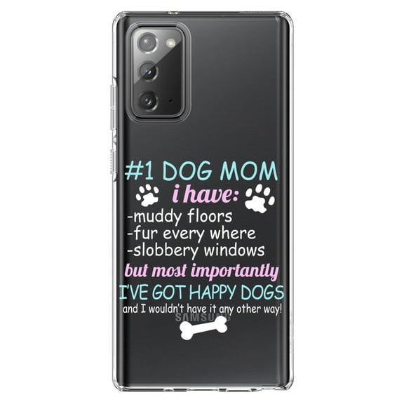 DistinctInk Clear Shockproof Hybrid Case for Samsung Galaxy Note 20 (6.7" Screen) - TPU Bumper Acrylic Back Tempered Glass Screen Protector - #1 Dog Mom - I've Got Happy Dogs