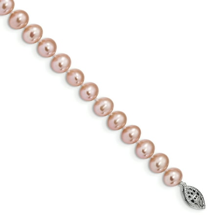 - 925 Sterling Silver Rhod Plated 7mm Pink Freshwater Cultured Pearl Bracelet 7.25 Inch