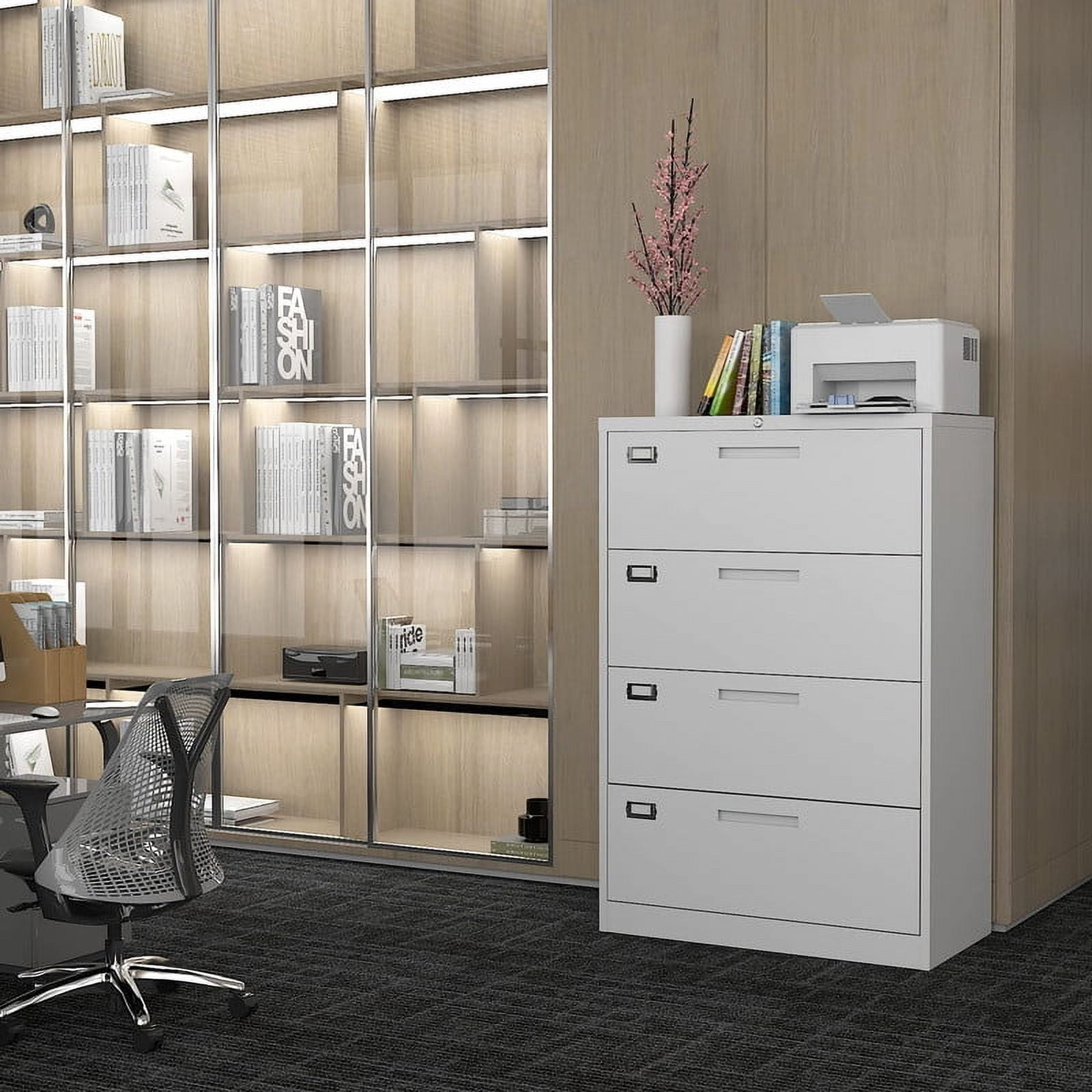MIIIKO 4 Drawer Lateral File Cabinet with Lock, White Lateral Filing Cabinet for Legal/Letter A4 Size, Locking Wide File Cabinet for Home Office, Metal