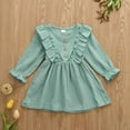 thumbnail image 3 of Canrulo Toddler Kids Baby Girls Solid Clothes Long Sleeve Dress Cotton Linen Dresses Green 1-2 Years, 3 of 8