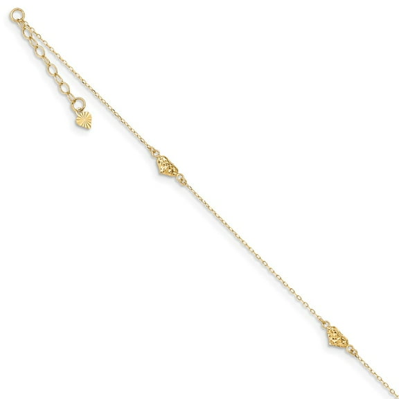 Real 14kt Yellow Gold Polished Diamond-cut Triple Puffed Hearts 9in Plus 1in. Ext. Anklet; for Adults and Teens; for Women and Men
