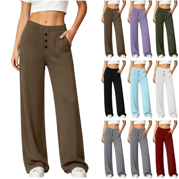 Women's Cotton Yoga Pants Wide Leg Straight, Mid Elastic Waist Stretchy Soft, Pockets Casual Solid Color, Lounge Workout Fitness Lounge Pants | VerBelle,Army Green L
