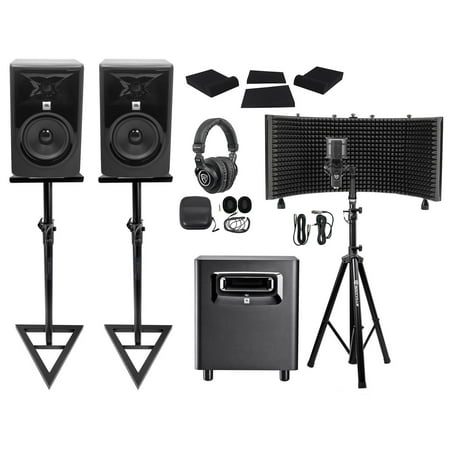 2 JBL 305P MkII 5" Studio Monitors+Stands+Subwoofer+Headphones+Mic+Vocal Shield