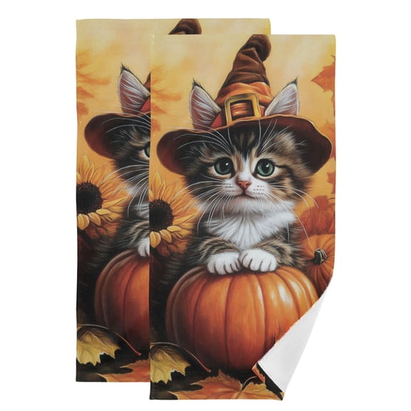 Cute Fall Cat and Pumpkin Hand Towel Absorbent Bath Towels for Bathroom Sports Gym(28.3" X 14.4") Set of 2