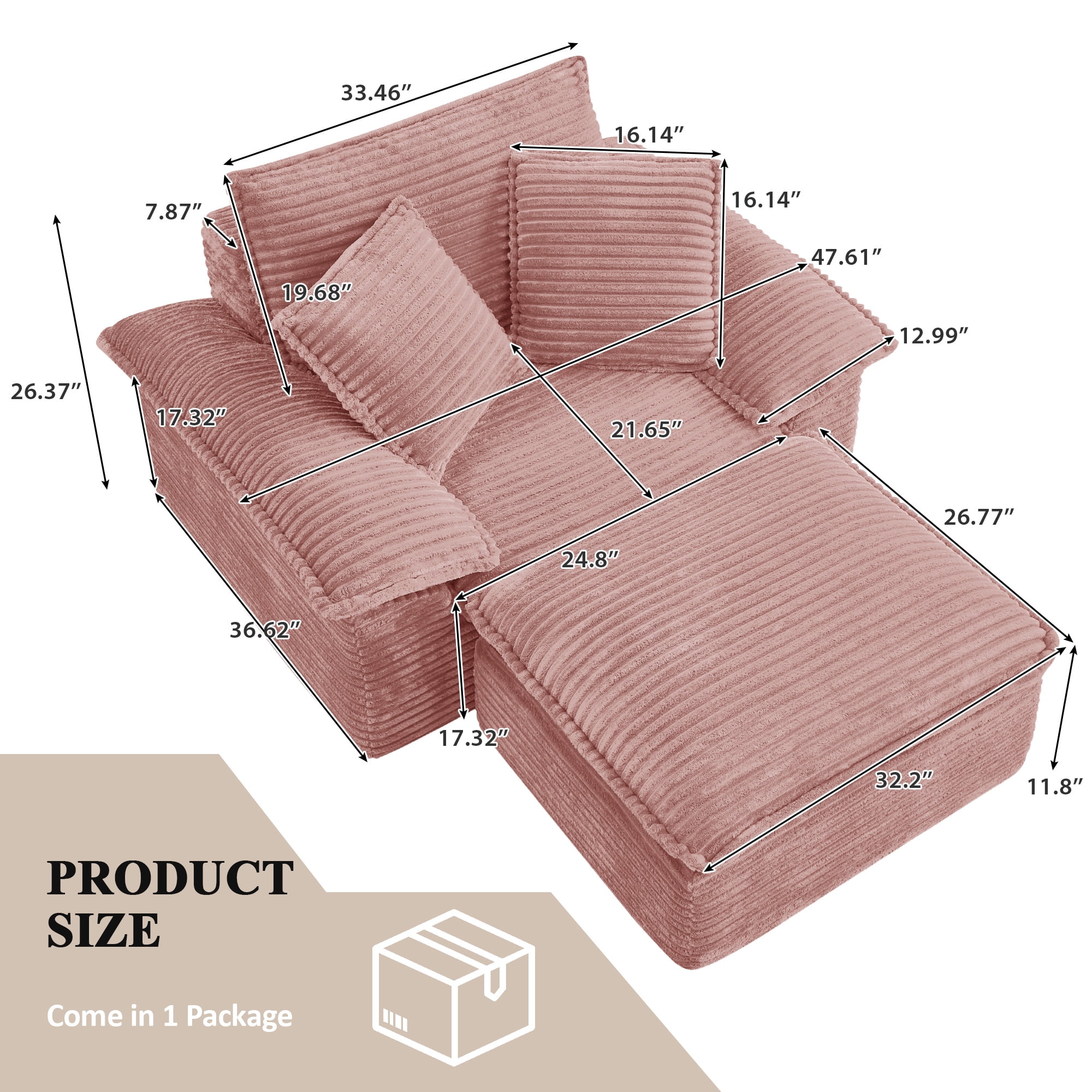 Aukfa 63.5" Oversized Chaise Lounge Sofa with Movable 2-Layer Ottoman, Deep Seat Boneless Couch, Corduroy Lounge Chair, Pink