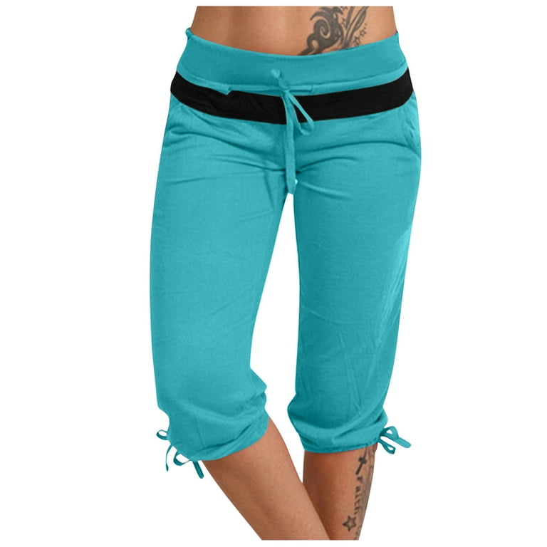Cropped Sweatpants for Women Low Rise Drawstring Short Capri Pants Stretch  Sports Work Out Leggings Lounge Wear (XX-Large, Light Blue 01)