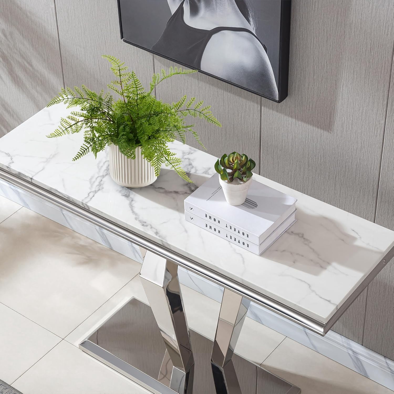 47" Modern Faux Marble Console Table, Rectangular Top & Diamond-Shaped Stainless Steel Base, Narrow Entryway Table for Entrance, Hallway, Foyer, or Living Room