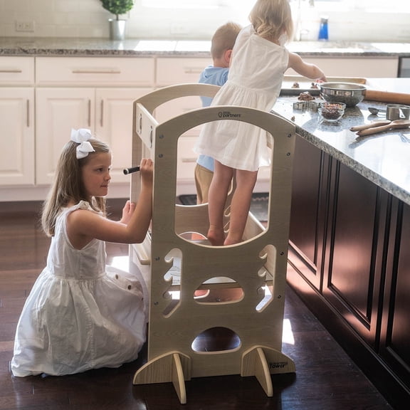 Little Partners Chef Series Learning Tower Toddler Tower – Kitchen Stool Adjustable Height Standing Tower Helper, Wooden Frame Counter Step-Up - Premium Ivory