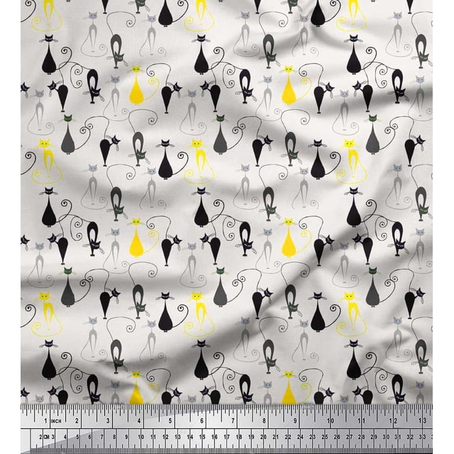 Soimoi Silk Fabric Cat Animal Printed Fabric 1 Yard 42 Inch Wide