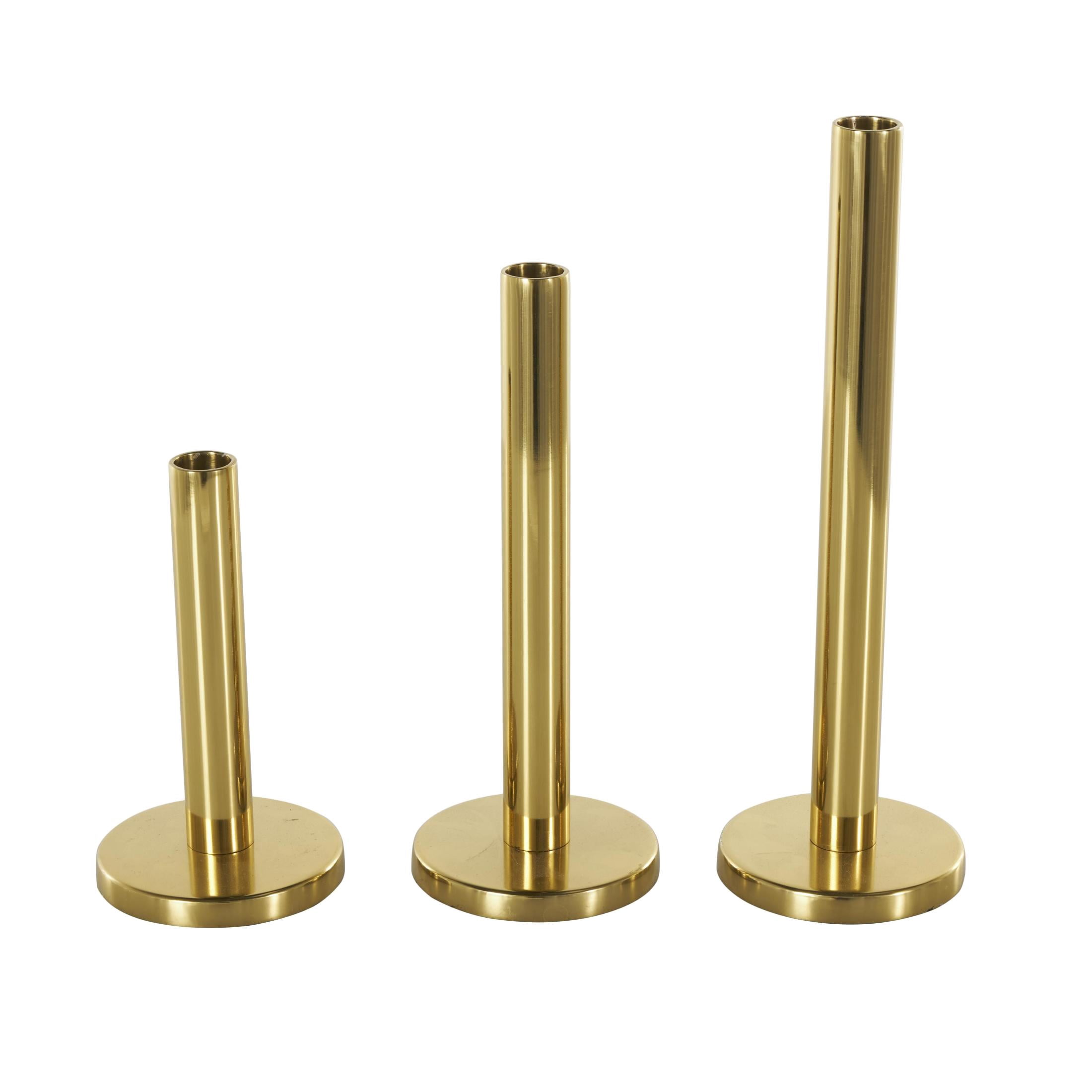DecMode 3 Candle Gold Stainless Steel Metal Slim Candle Holder with Round Base, Set of 3