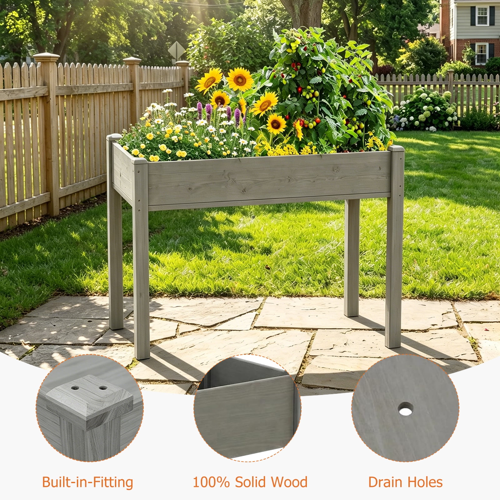 Atilioo Wooden Raised Garden Bed with Legs, 34x18x30 Inch Elevated Reinforced Planter Box for Backyard, Patio, Balcony w/ Liner, Natural