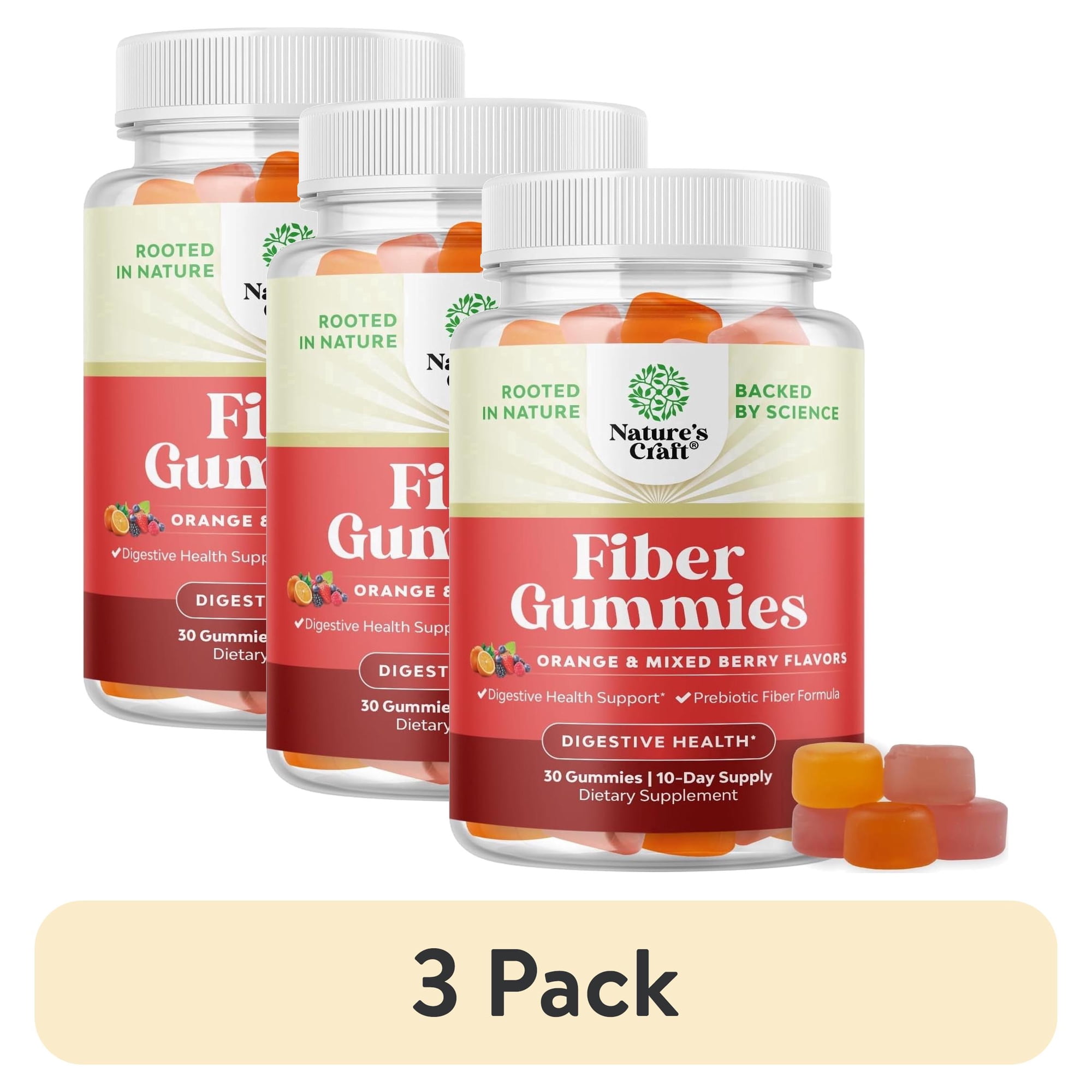 (3 pack) Natures Craft Prebiotic Fiber Gummies for Adults, Orange and Mixed Berry, 30 Count