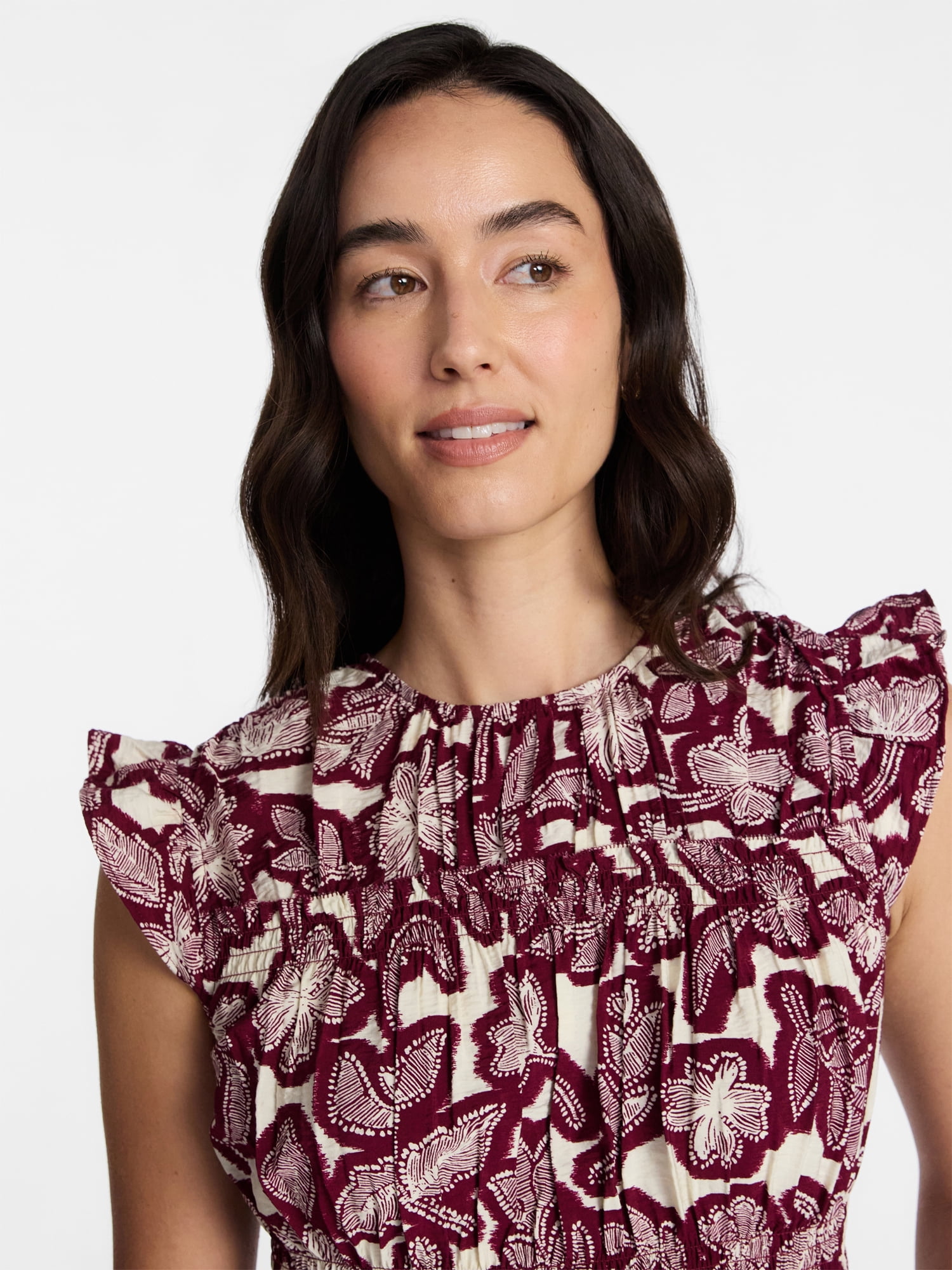 Time and Tru Women's Sleeveless Smocked Top with Ruffle Trim, Sizes XS-XXXL