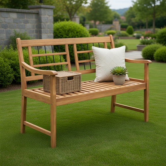 GVN Patio Bench Weatherproof Outdoor Bench,Patio Acacia Wood Bench with Curved Armrests Slatted Seat and Backrest