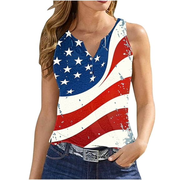 Qetyuw Women's 4th of July Tank Tops Casual Patriotic Red White and Blue Graphic Tshirts Loose Fit Sleeveless T-shirts Cami Classic V Neck Tanks Memorial Day Gifts