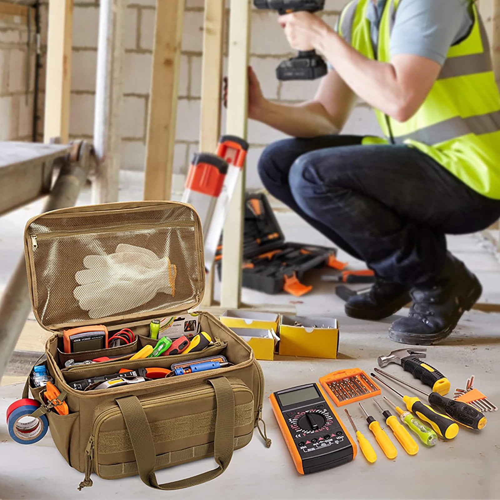 14 Inch Wide Mouth Tool Bag - Heavy Duty Tool Organizer with Adjustable Shoulder Strap & Ergonomic Handle - Large Capacity Utility Bag for Electricians, Plumbers, Mechanics & Contractors