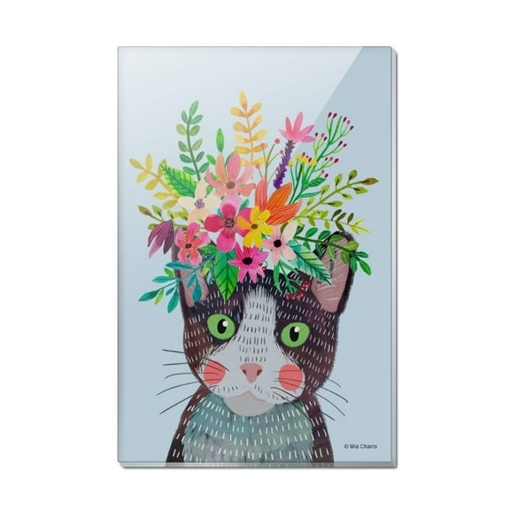 Intense Cat with Flower Hair Rectangle Acrylic Fridge Refrigerator Magnet