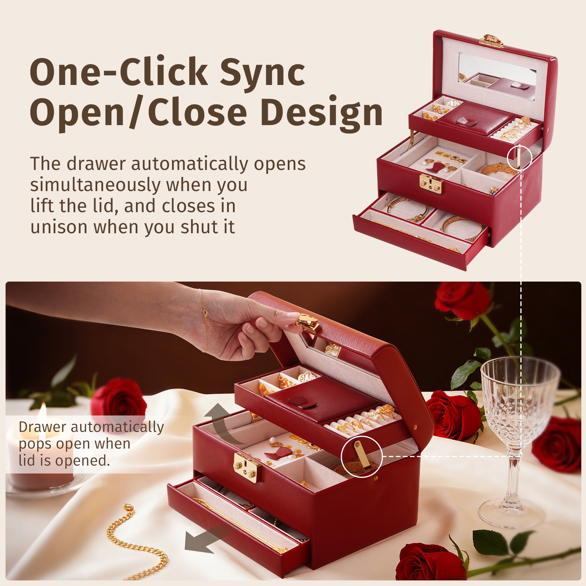 Casegrace Heart Shaped Lock Jewelry Box With Sync Open/Close Drawer, Multi-Layer Storage Case, Built-in Mirror, Portable Jewelry Organizer for Women Rings, Earrings, Necklaces, Valentine’s Day Gift