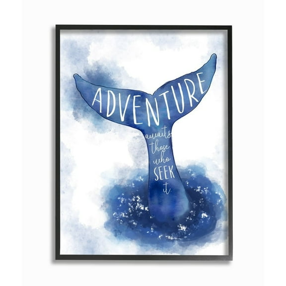 Stupell Industries Adventure Awaits Phrase Whale Tale Ocean Animal Inspiration Framed Wall Art Design by Ziwei Li, 16" x 20", Black Framed