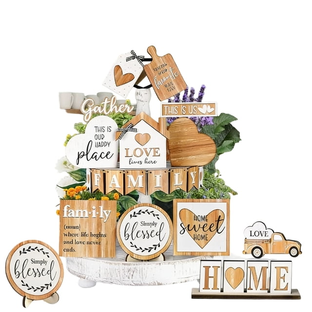 21Pcs Farmhouse Tiered Tray Wooden Signs Featuring GATHER HOME Quotes Distressed Design For Summer Fall Holiday Season 21PCS