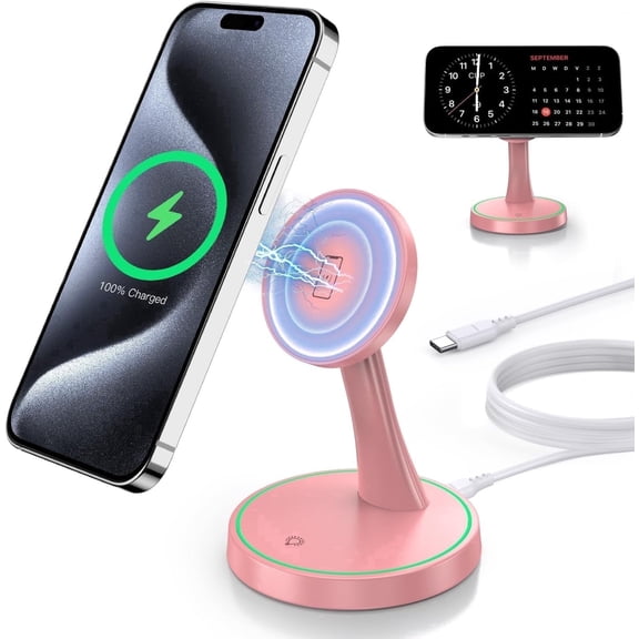 15W Magnetic Wireless Charger Stand Compatible with iPhone 17/17 Pro/17 Air/17 Pro Max, 16/15/14/13/12 Series and AirPods, Sleep-Friendly LED