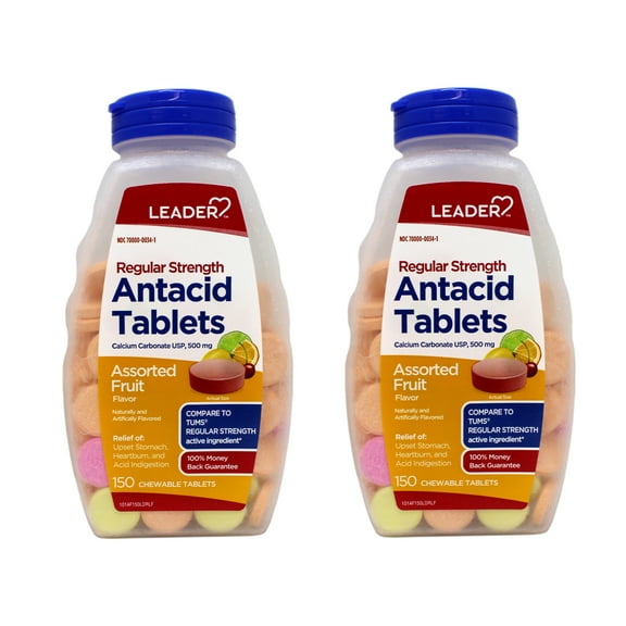 2 Pack - Leader Regular Strength Chewable Antacid Tablets for Heartburn Relief and Acid Indigestion Relief, Calcium Carbonate 500mg, Assorted Fruit, 150 Count