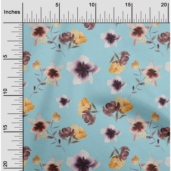 oneOone Cotton Jersey Sky Blue Fabric Flower & Leaves Watercolor Sewing Material Print Fabric By The Yard 58 Inche Wide