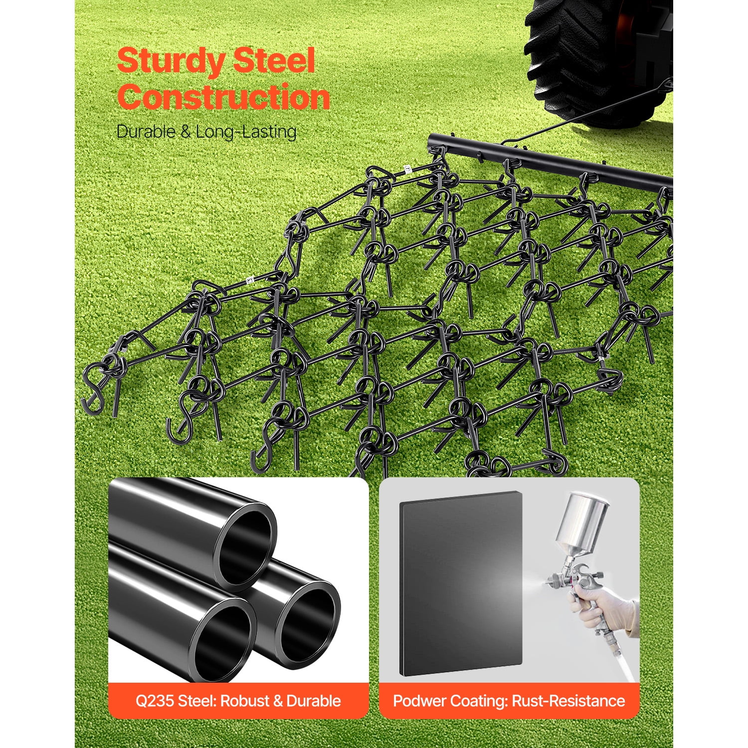 KFFKFF Chain Harrow, 4x4 ft, Robust Drag Harrow with 69 Pointed Teeth, Suitable for ATV UTV Tractor, Preparing Soil, Seeding, Leveling Terrain, and Maintaining Gravel Yard