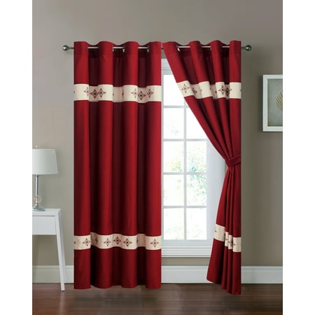 Lis Set - 4-Pc Scroll Damask Floral Embroidery fleur-de-lis Curtain Set Burgundy Beige Drape Sheer Liner