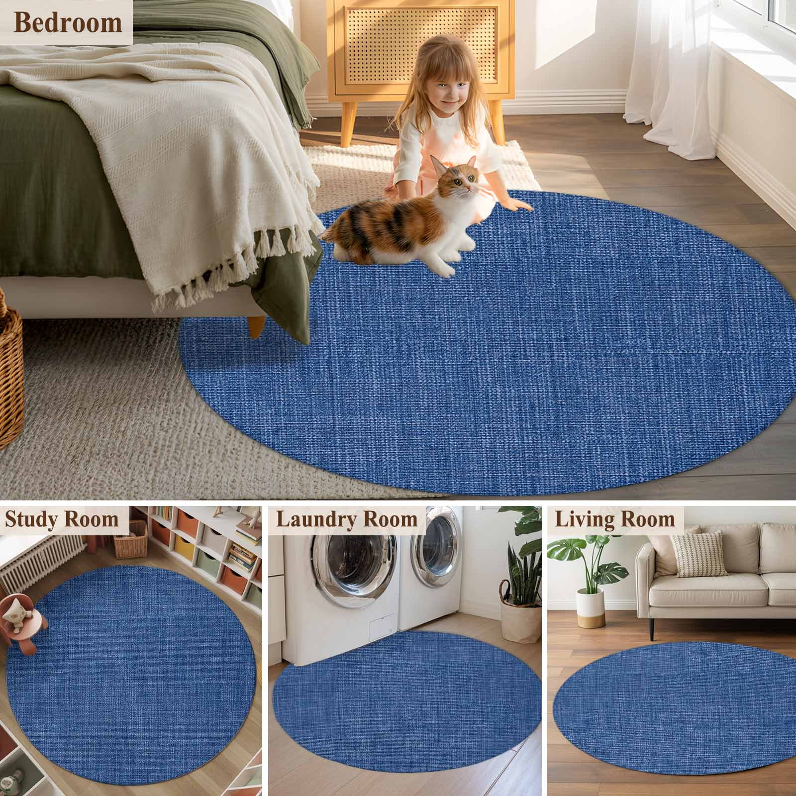 Navy Blue Round Area Rug 3 FT, Small Kitchen Bathroom Mat, Vintage Country Monochrome Farmhouse Washable Indoor Outdoor Throw Runner Carpet Non-Shedding Doormat for Table Shower Sofa Entryway