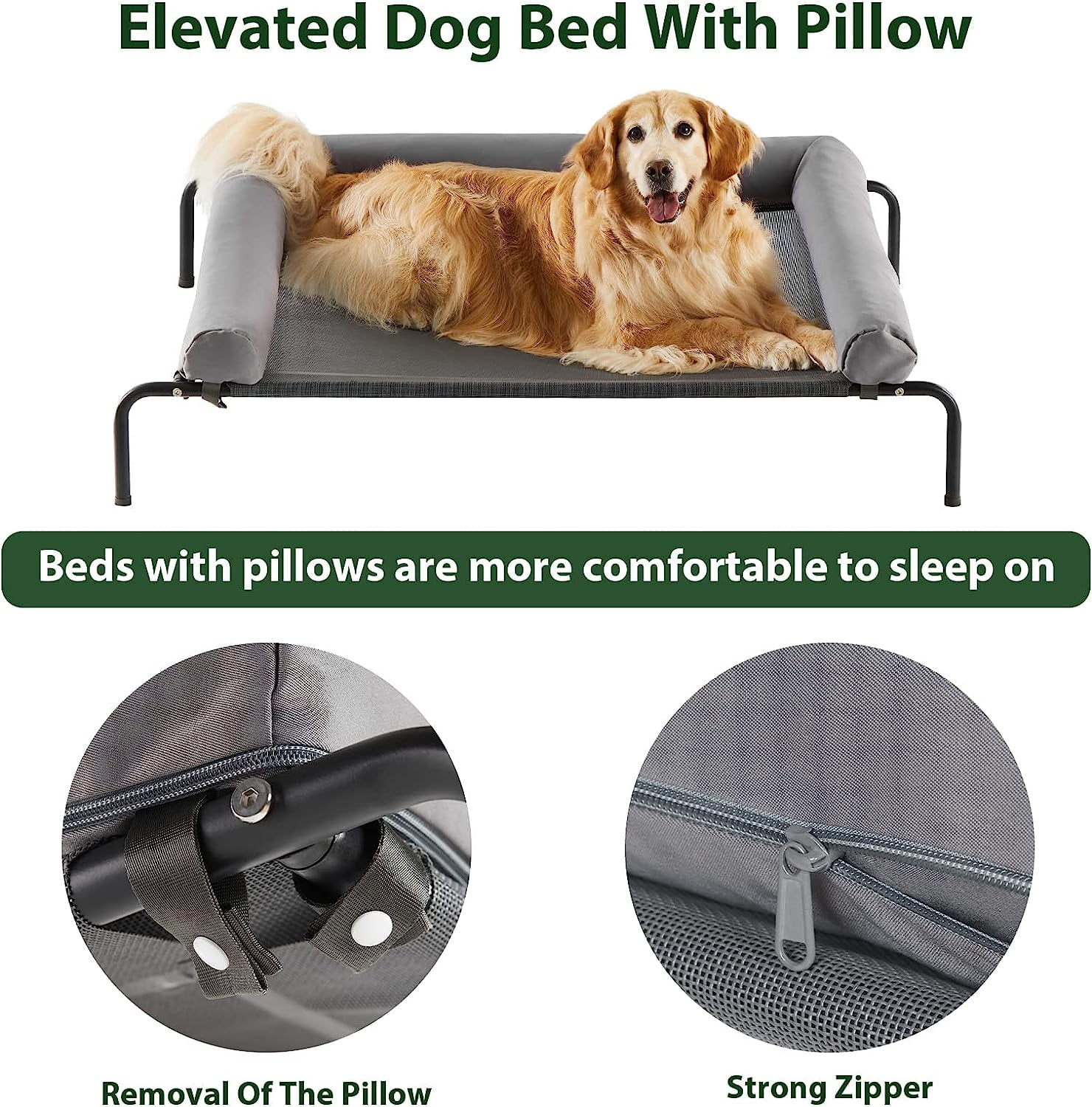Cooling Elevated Dog Bed for Large Dogs – Waterproof Raised Dog Cot with Slope Headrest, Breathable Teslin Mesh, Durable & Portable Pet Bed for Indoor and Outdoor Use, Black