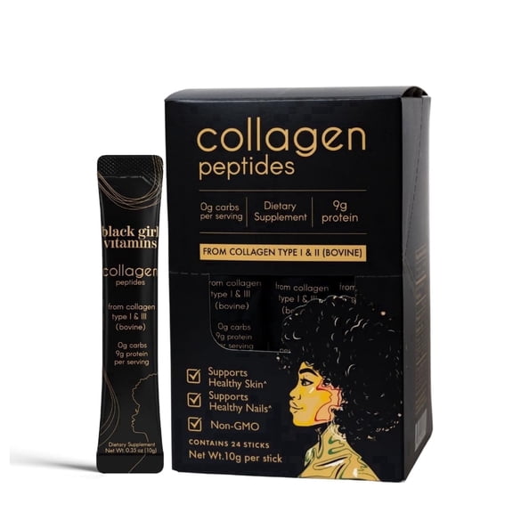 Black Girl Vitamins Collagen Stick Packs – Collagen Type I & III Supplement for Hair, Skin & Nails – Unflavored Collagen Protein Powder – 9g Protein, 0g Carbs – 24 pack