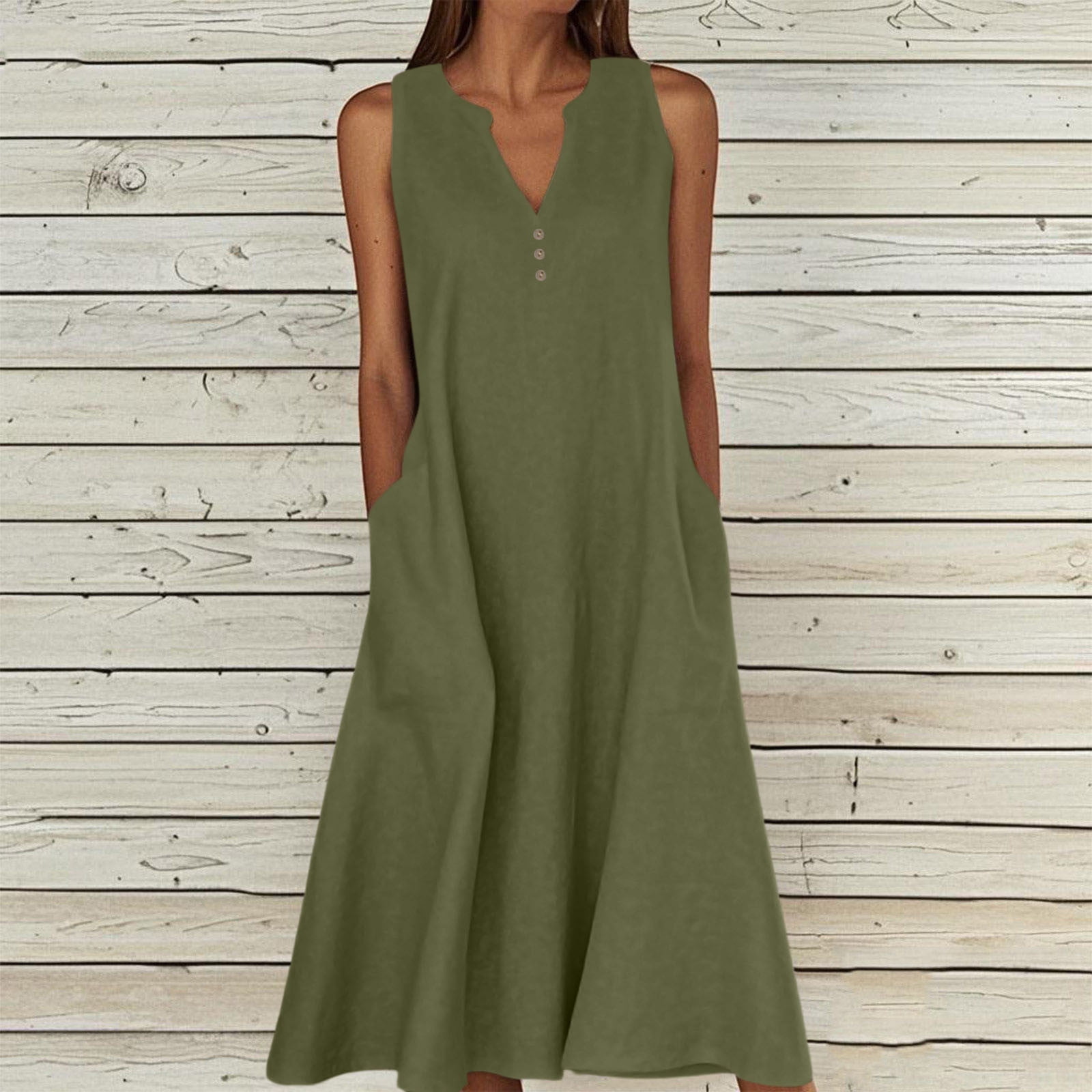 Wovilon Women's Sleeveless V Neck Maxi Dress with Pockets, Button Detail Loose Fit Cotton Linen Blend Plus Size Summer Casual Tank Dress for Vacation Beach