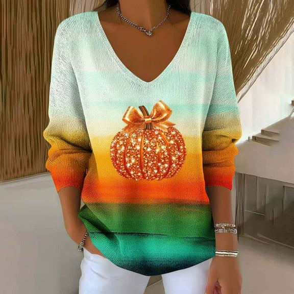 SYMOID Womens Fall Long Sleeve V-Neck Top - Glitter Pumpkin Graphic Gradient Color Block, 100% Polyester Plus Size (S-XXXXXL) Multicolor, Thanksgiving Casual Wear,Size 2XL