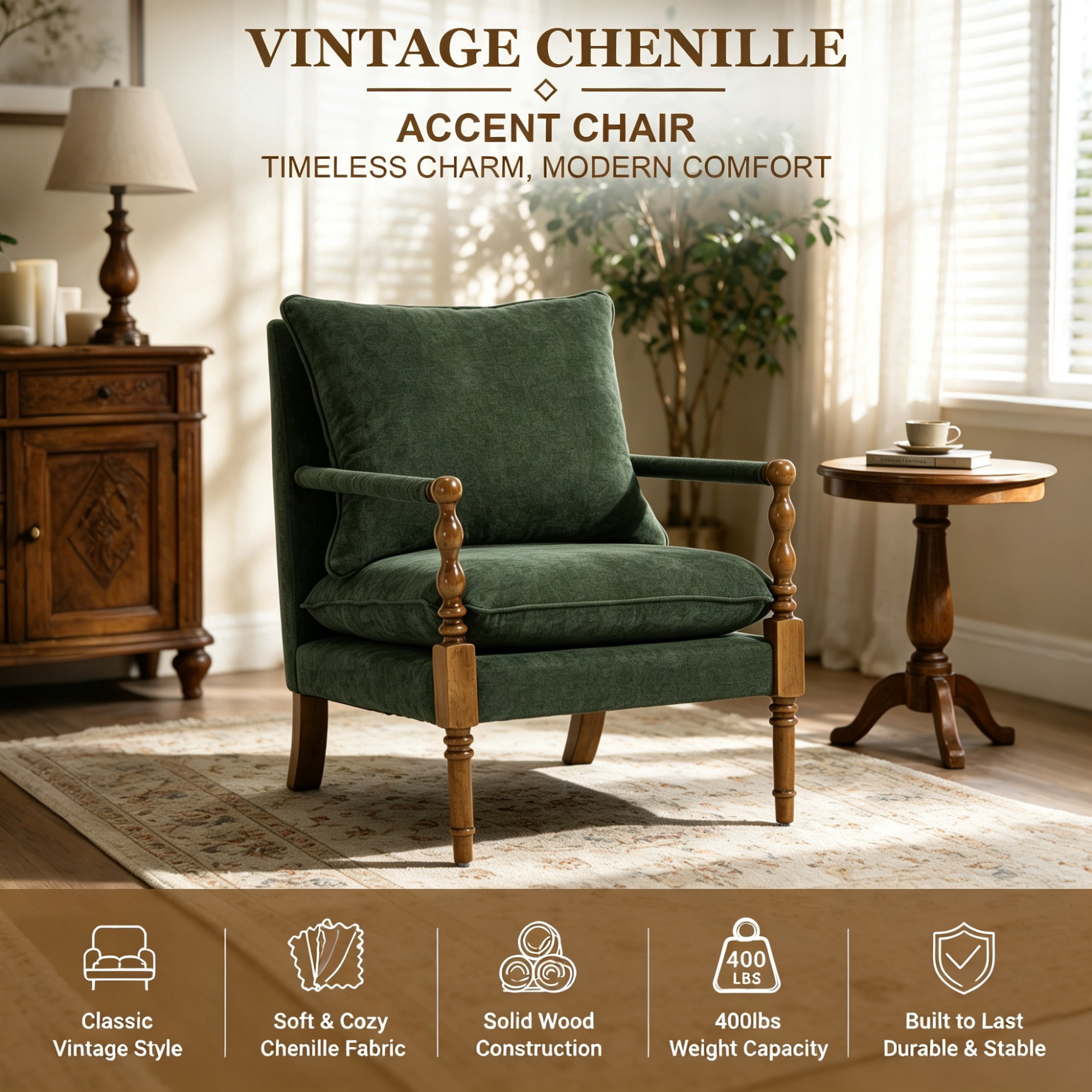Mid-Century Modern Spindle Armchair,Linen Accent Chair with Cushion & Wood Frame for Living Room Bedroom Office,Emerald