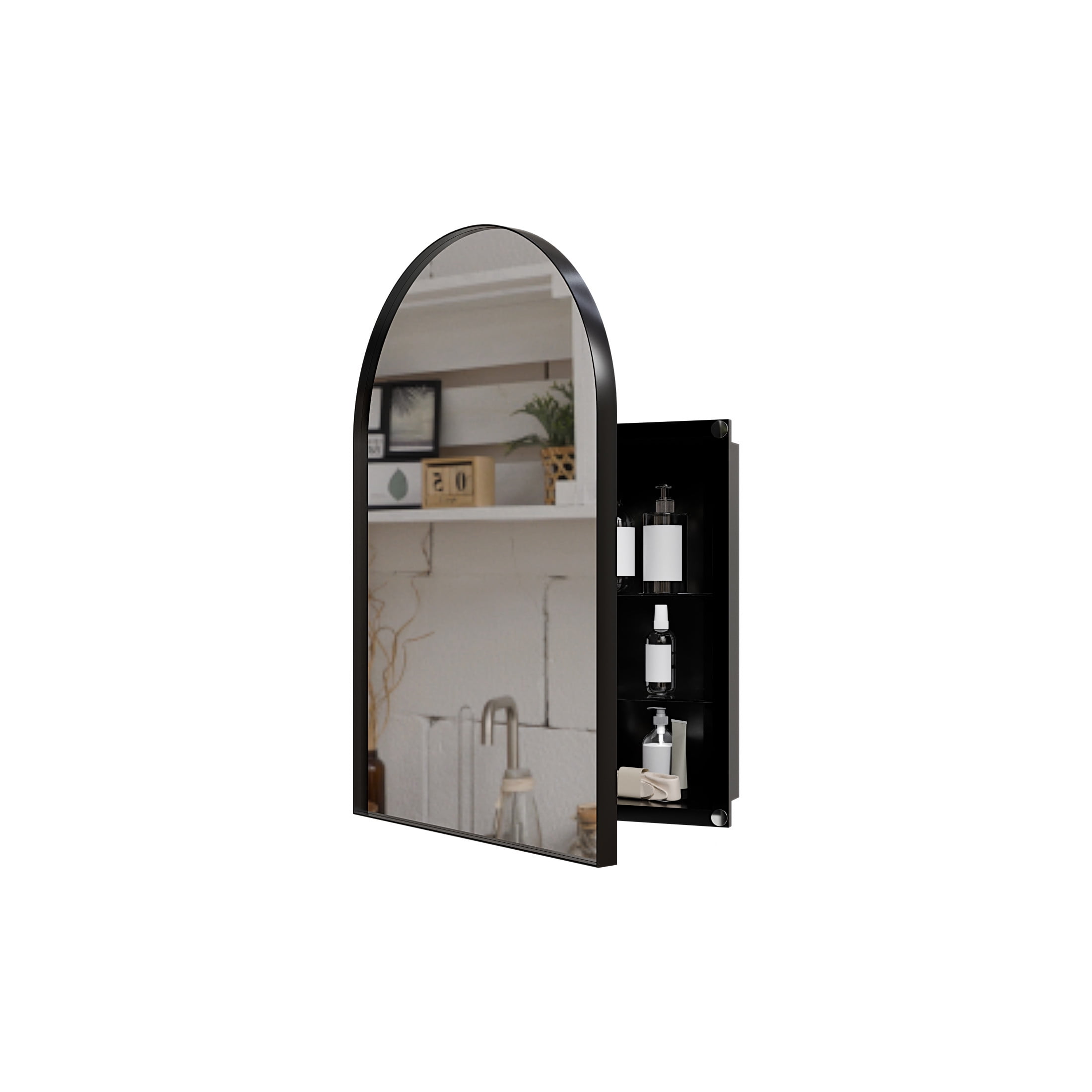 Noble House 18" Corner Medicine Cabinet, Arched Mirror, Metal Frame, Adjustable Glass Shelves, for Small Spaces, Black