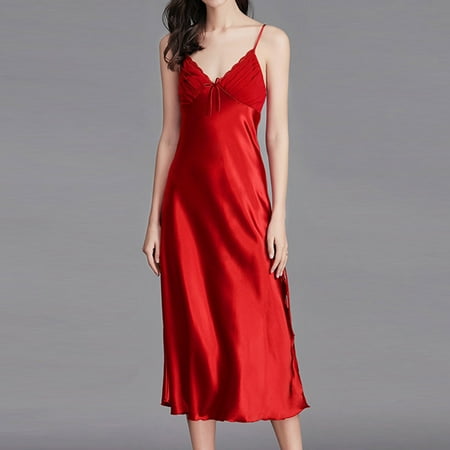 RYDCOT Satin Nightgown for Women Silk Slip Sleep Dress Satin Pajama Dress Camisole Midi Nightdress 2024 V-Neck Silky Negligee Lingerie Dress on Clearance