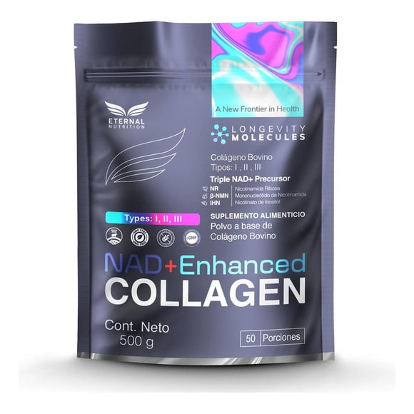 Colágeno Hidrolizado Bovino Reforzado con NAD+ Eternal Nutrition 500 Gramos 10 gr