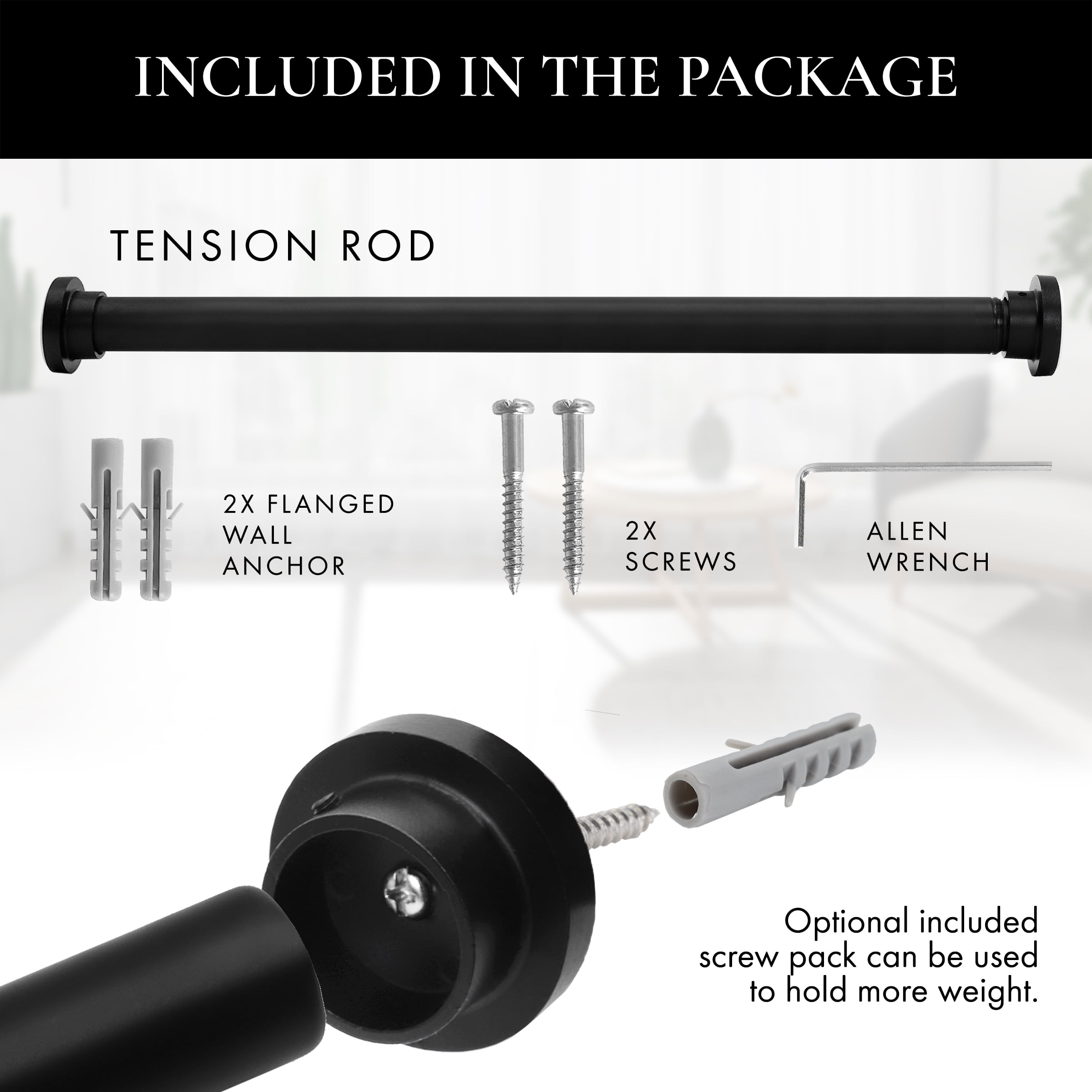 Meriville 1-inch Diameter Metal Tension Rod, Adjustable 42-72, Black