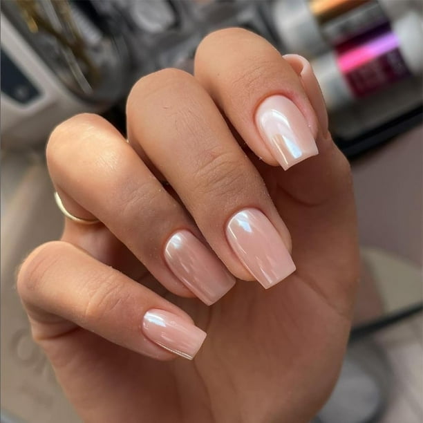 Uñas postizas cuadradas cortas con acabado cromado rosa Aurora, uñas postizas esmaltadas Sxvme, uñas acrílicas de metal con acabado espejo, uñas postizas metálicas de longitud media, uñas brillantes c