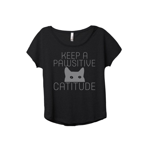 Keep A Pawsitive Catitude Women's Fashion Slouchy Dolman T-Shirt Tee Heather Black Large