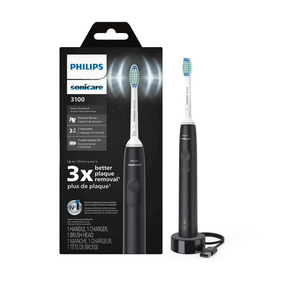 Brosse à dents électrique Philips Sonicare 3100, brosse à dents électrique rechargeable avec capteur de pression, noire, HX3681/04