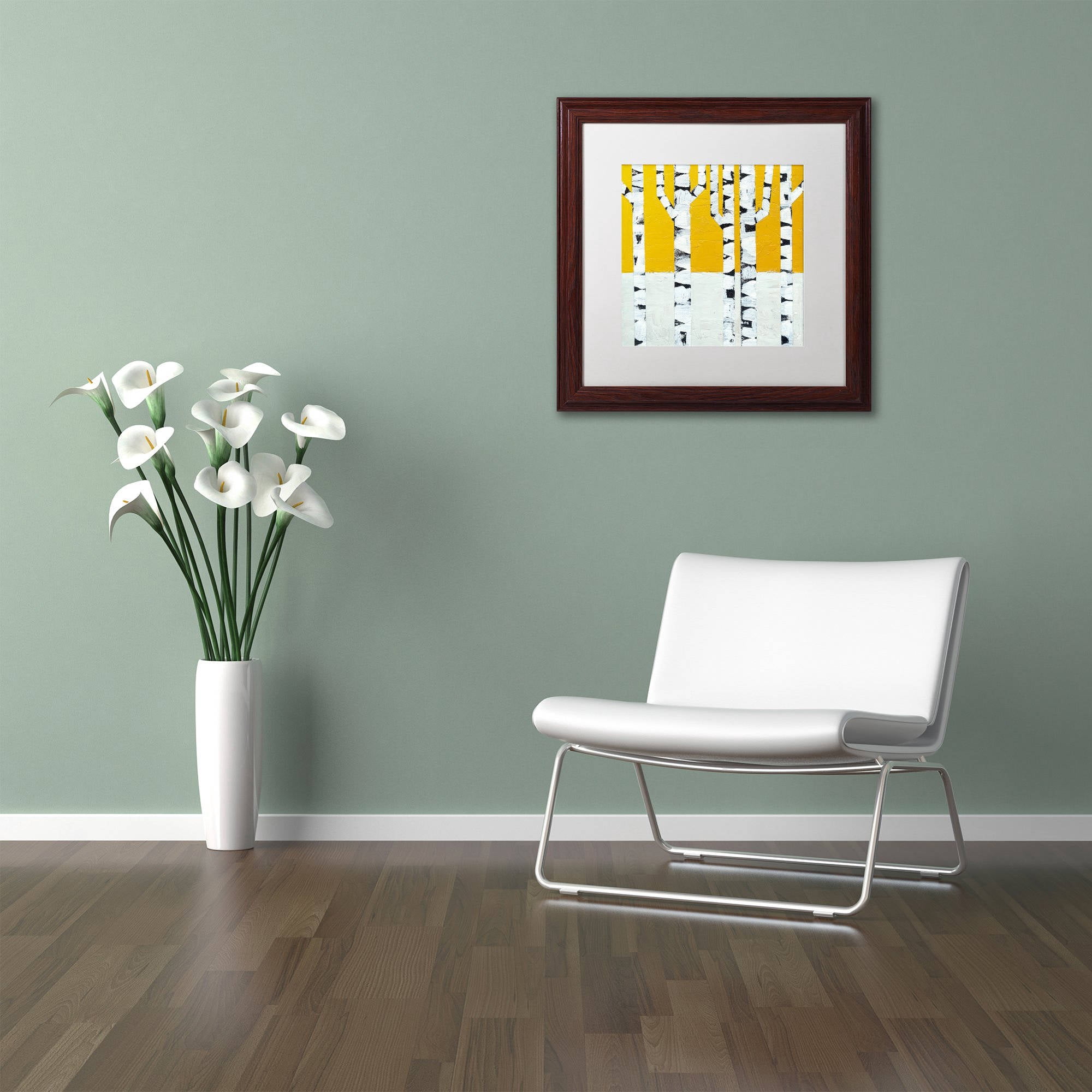Trademark Fine Art "Seasonal Birches - Winter" Canvas Art by Michelle Calkins, White Matte, Wood Frame